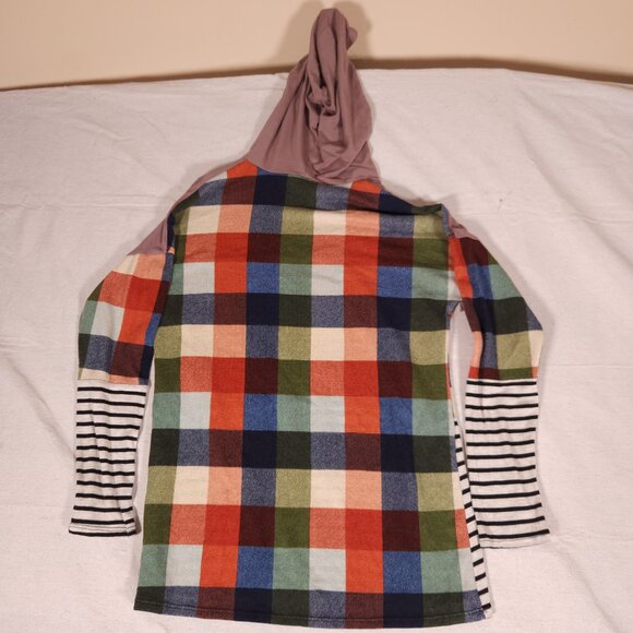 Celeste Multi Pattern Hoodie Womens Medium Check Striped Drawstring USA FLAW - Picture 2 of 16